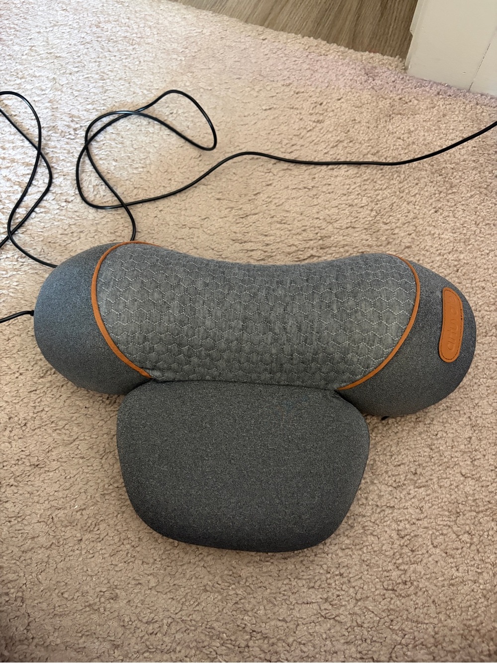 Gray Shiatsu Neck & Back Massage Cushion with Brown Accent Trim